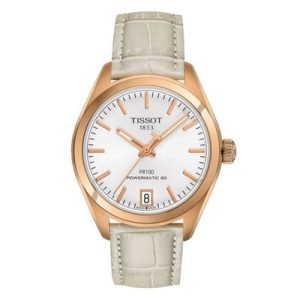 Tissot Womens PR 100 Powermatic 80 316L Stainless Steel case with Rose Gold PVD Coating Swiss Automatic Watch, Cream, Leather, 16 (T1012073603100)